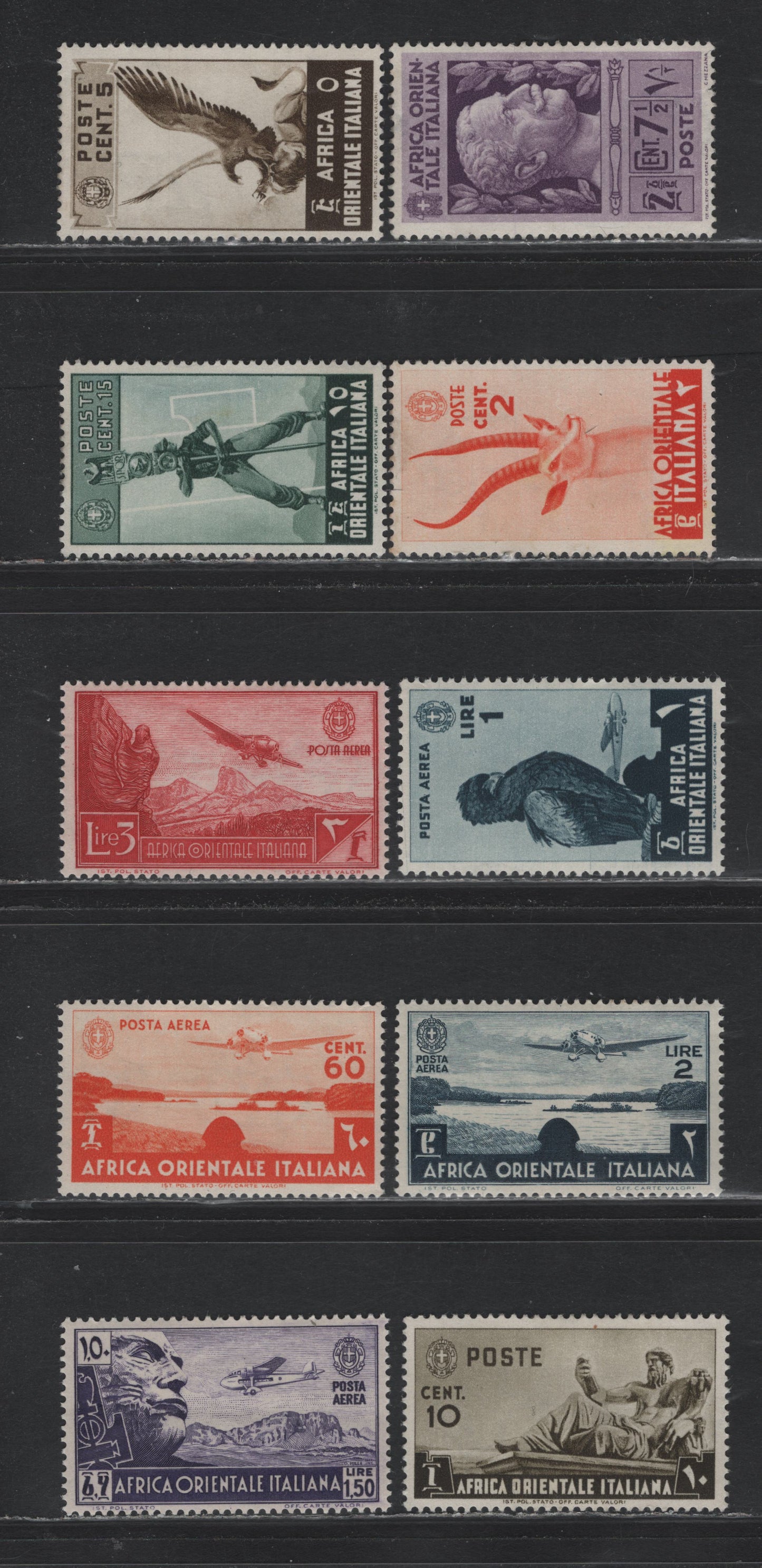 Lot 368 Italian East Africa (C) SC#1-4, 5, C3, C5-C8 2c - 3l Red Orange - Carmine Lake , 1938 Pictorials - Airmail Issues, 10 F/VFOG & Unused Singles, C6 Has A Horizontal Bend, Regular Issues Have Little To No Gum, Airmails All Have Gum.