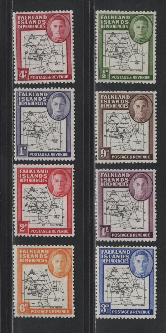 Lot 370 Falkland Islands (C) Gibbons#G1-G8 1/2d - 1/- Black & Green -Black & Purple , 1946-1949 Map Issue, 8 F/VFOG Singles, Coarse Maps