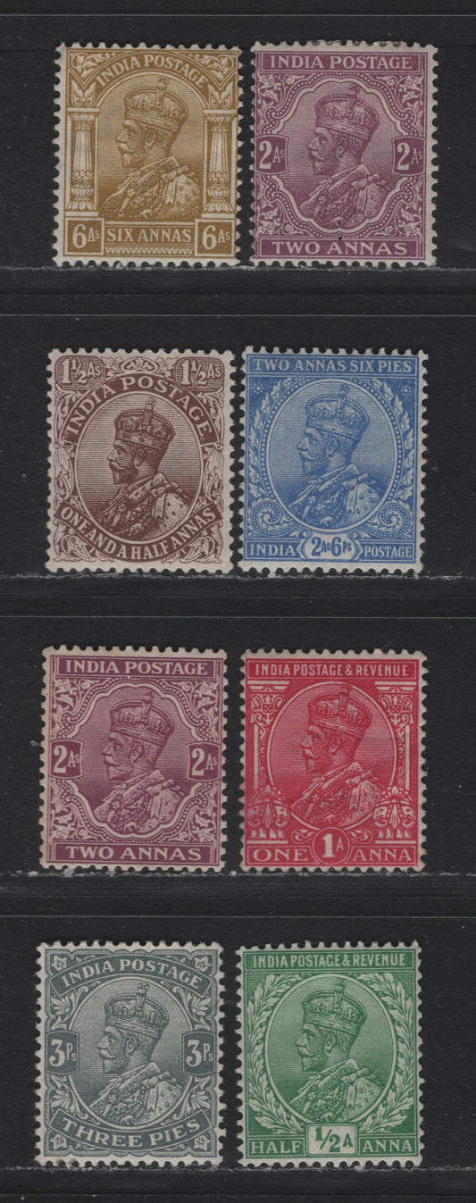 Lot 371 India (C) Gibbons#154, 157, 161, 165, 168, 170, 177, 206 3p - 2a Slate - Purple , 1911-1923 KGV Keyplate Issue, 8 F/VFOG Singles, Star & Multiple Star Wmks
