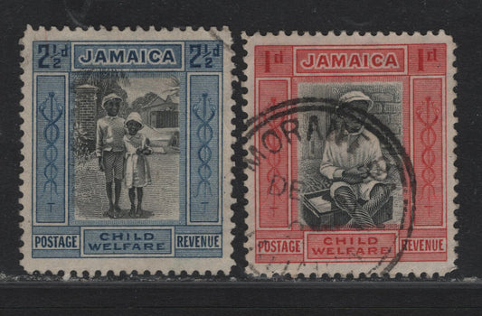 Lot 373A Jamaica (C) Gibbons#107b-c 1d+1/2d - 2.5d+1/2d Black & Scarlet - Black & Blue , 1923 Child Welfare Issue, 2 Very Fine Used Singles