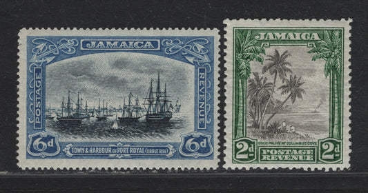 Lot 374 Jamaica (C) Gibbons#101, 111 6d - 2d Black & Blue - Gray & Green , 1921-1932 Pictorial Issue, 2 F/VFOG Singles, Multiple Script CA Wmk