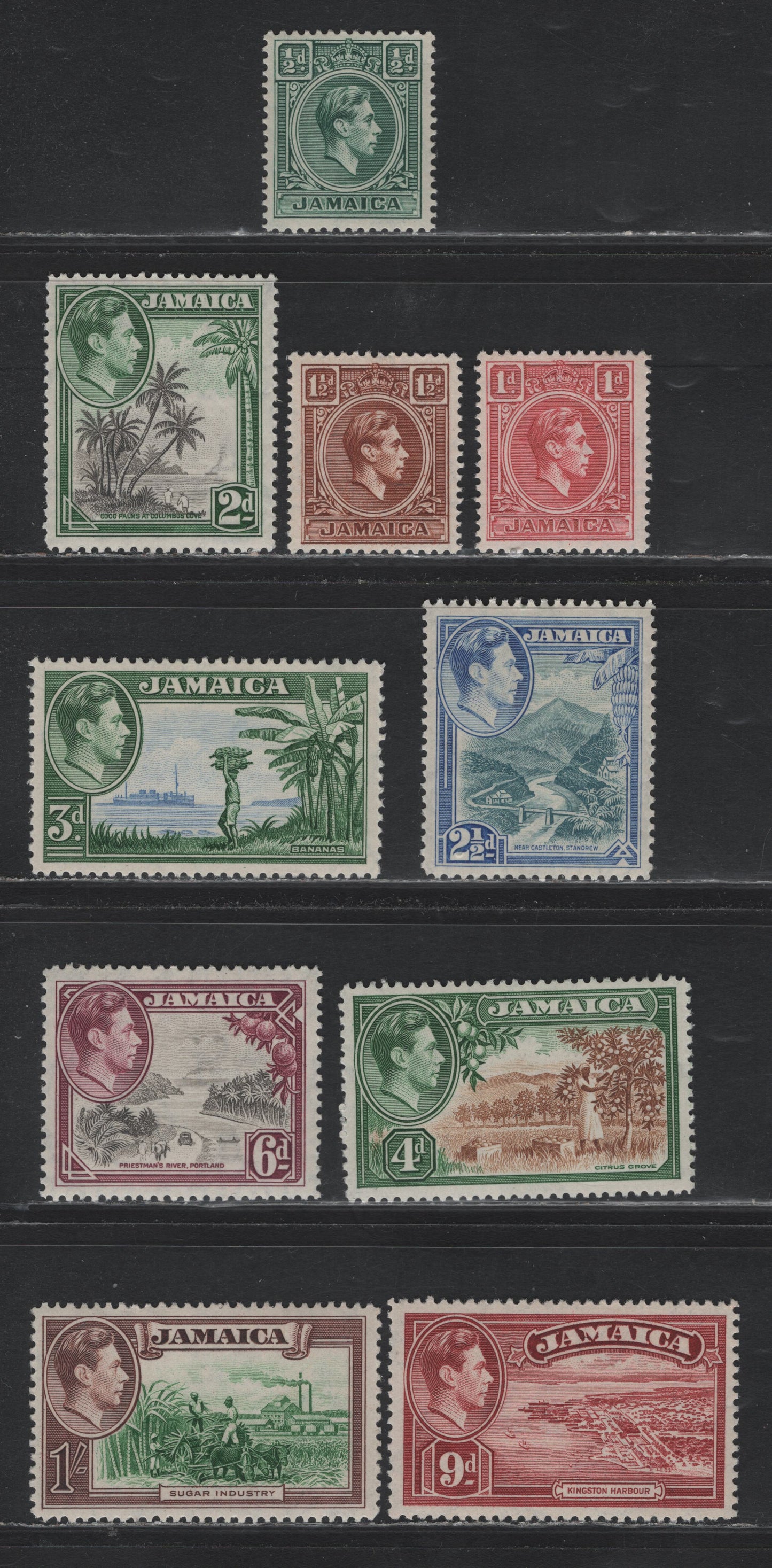 Lot 379 Jamaica (C) Gibbons#121/130 1/2d - 1/- Blue Green - Green & Brown , 1938-1952 KGVI Pictorial Definitive, 10 VFOG Singles, Perf 12.5, Mostly All Wartime Printings, Crackly Gum.