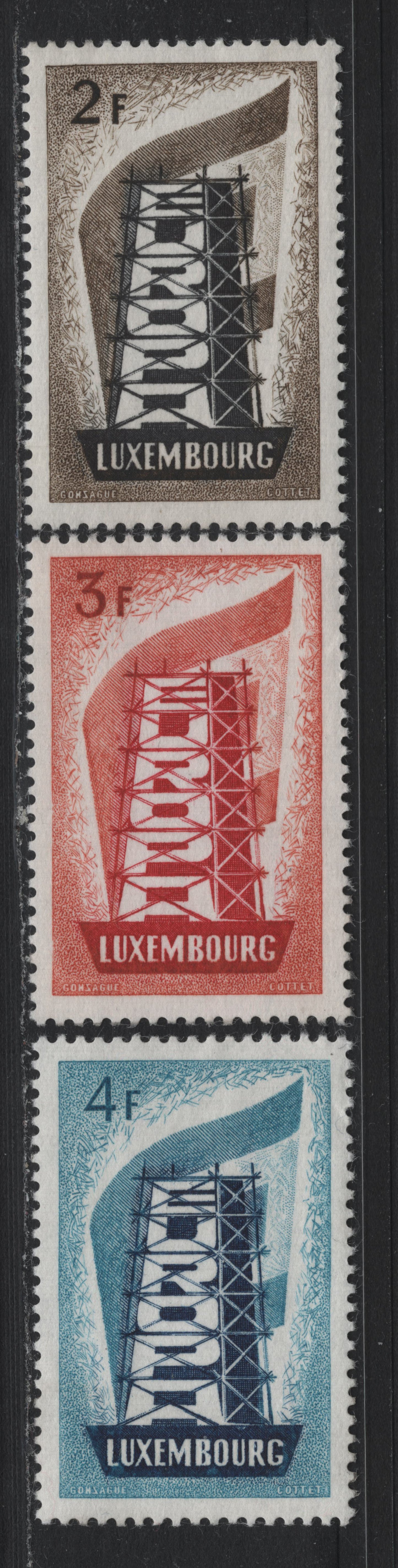 Lot 383 Luxembourg (C) SC#318-320 2fr - 4fr Brown & Black - Bright Blue & Deep Black , 1956 Europa Issue, 3 VFOG Singles