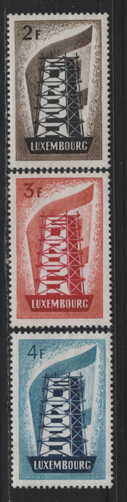 Lot 383 Luxembourg (C) SC#318-320 2fr - 4fr Brown & Black - Bright Blue & Deep Black , 1956 Europa Issue, 3 VFOG Singles
