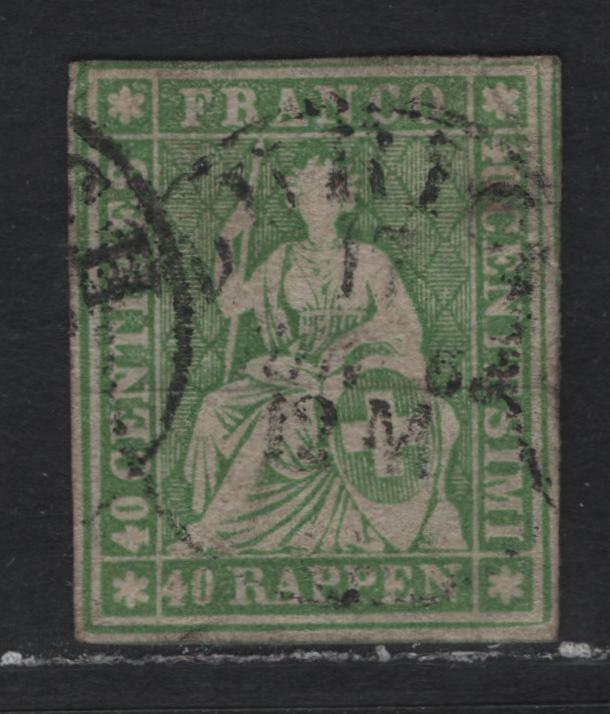 Lot 400 France (C) SC#40 40r Green , 1858-1862 Struebel Issue, A Very Good Used Single, Thick Paper, Green Silk Thread, Large Margins On 3 Sides, Portions of Adjoining Stamps On 2 Sides.