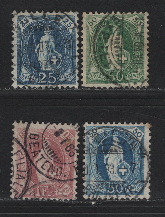 Lot 402 Switzerland (C) SC#86b, 87, 94, 96a 25c - 50c Blue , 1882-1903 Standing Helvetia Issue, 4 Fine Used Singles, 25c Blue - 50c Green Wmk Type II & Perf 11.5x12, 50c Blue & 1fr - Wmk Type 1 Perfs 11.75x11 & 11.75