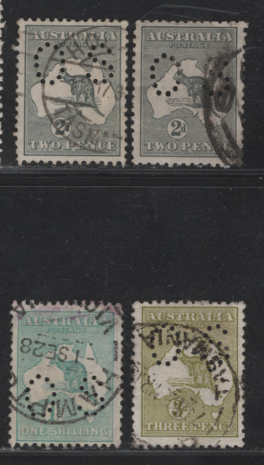 Lot 412 Australia (C) Gibbons#O20e, O31, O43, O48b 3d - 1/- Olive - Blue Green , 1914-1928 Kangaroo & Map Official Issue, 4 Fine/Very Fine Used Singles, 3d Die 2, 2d Dies 1 & 2 & 1/- Die 2B, Punctured Small OS
