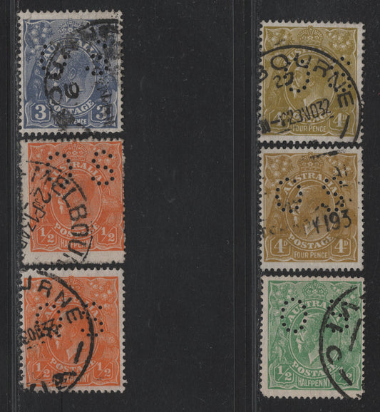 Lot 413 Australia (C)  Gibbons#O61, O66, O83, O97, O106b, O108 1/2d - 4d Green - Yellow Olive , 1918-1930 KGV Heads Issue, 6 Fine/Very Fine Used Singles