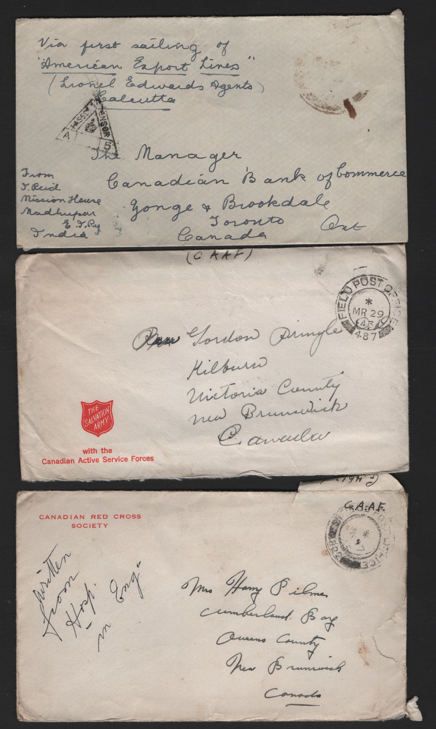 Lot 303 India & Great Britain Three World War II Field Post Free Frank Letters to Canada