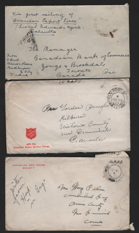 Lot 303 India & Great Britain Three World War II Field Post Free Frank Letters to Canada