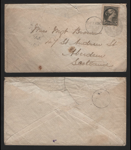 Lot 305 Canada #38 5c Deep Slate Green, VG 1888 Cover To Scotland Franked With Late Montreal Printing, Cancelled With Ottawa #1 Duplex Cancel