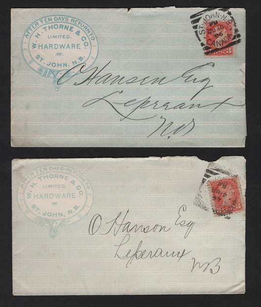 Lot 306 Canada #41 3c Vermilion Two Different 1896 & 1897 W.H. Thorne Advertising Covers, St. John, NB Squared Circle Cancels