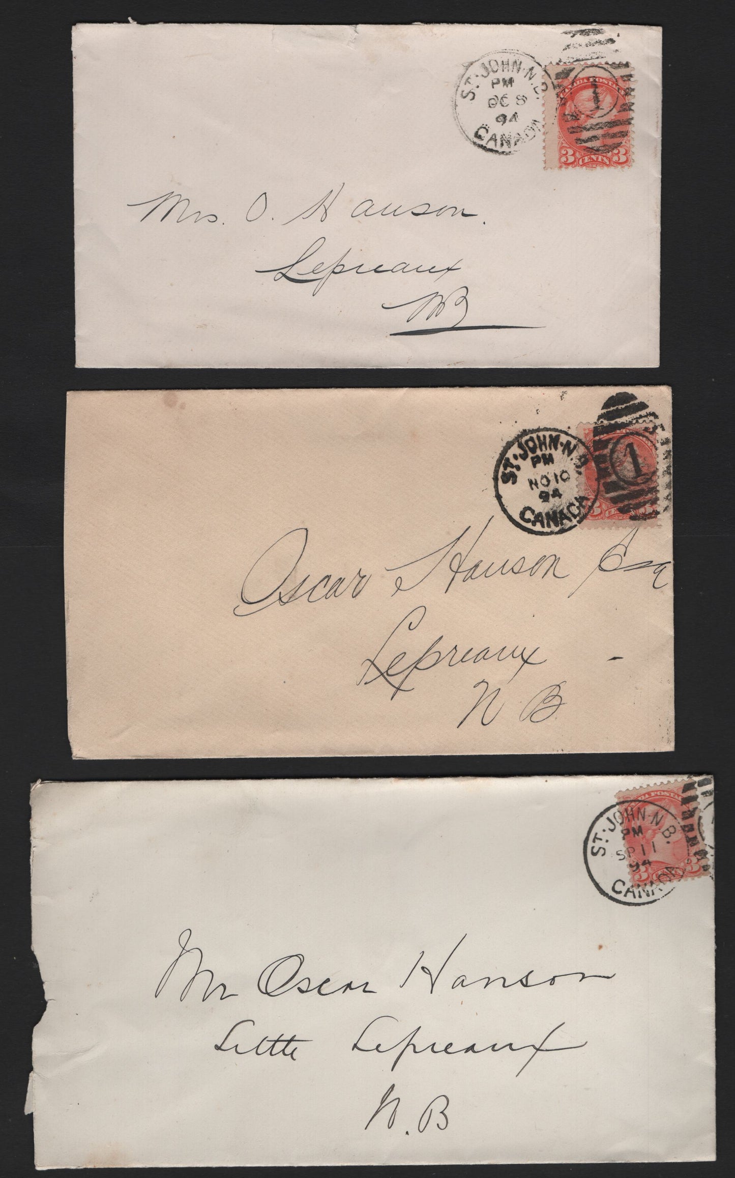 Lot 308 3c Vermilion Three Different Shades Used on 1894 Covers From Saint John to Lepreaux, NB