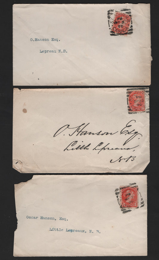 Lot 309 3c Vermilion Three Different Shades Used on 1896 Covers From Saint John to Lepreaux, NB