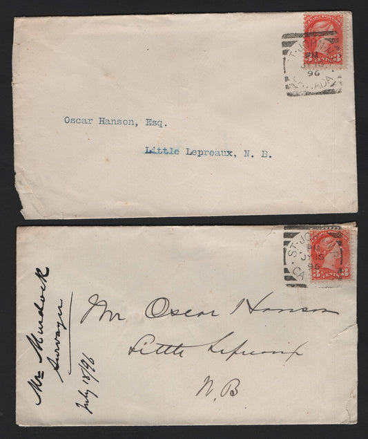 Lot 310 3c Vermilion Two Different Shades Used on July 1896 Covers From Saint John to Little Lepreaux, NB