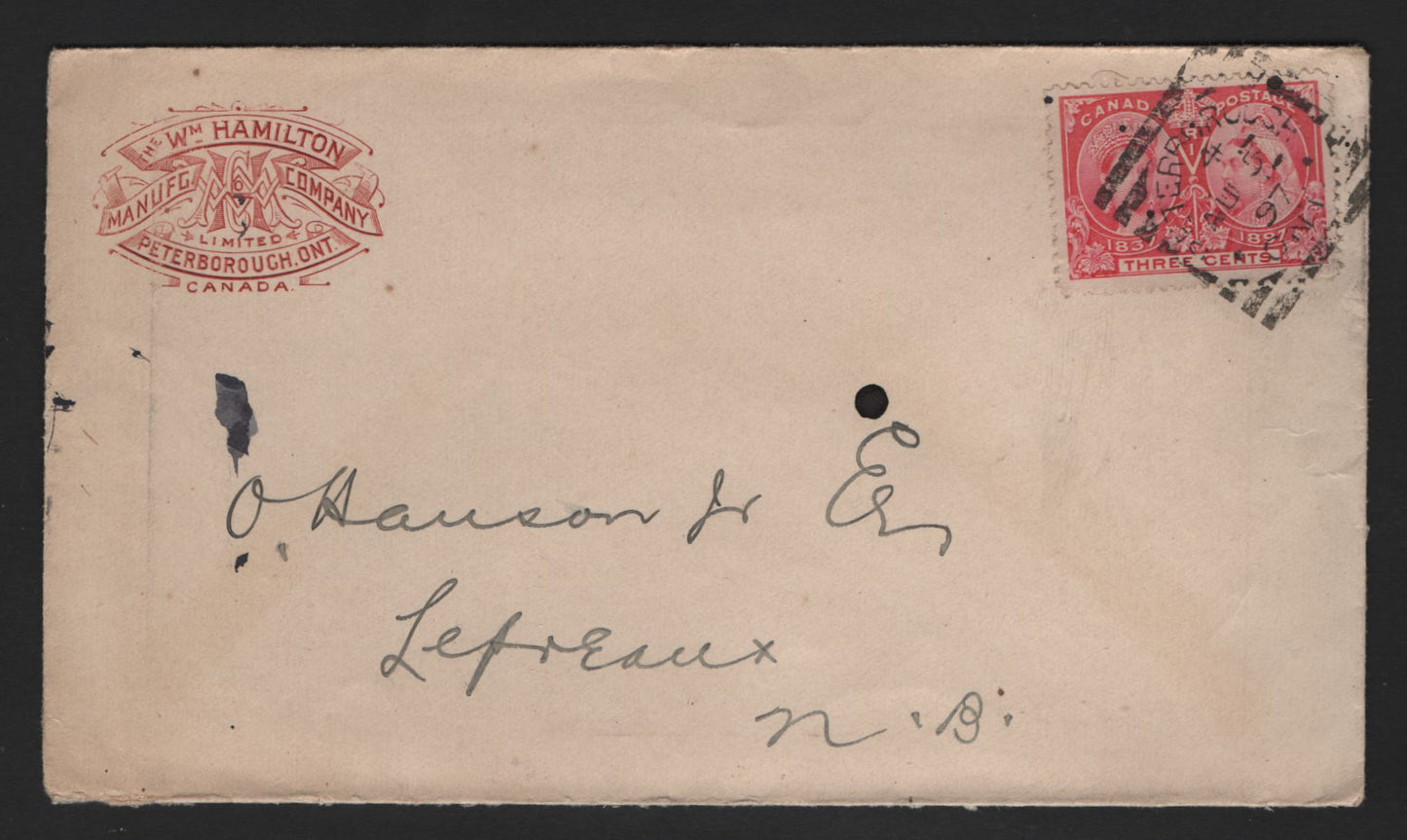 Lot 311 3c Rose 1897 Jubilee Issue, Used On August 1897 Thermographed Corner Card Cover, Sent From Peterborough To Lepreaux