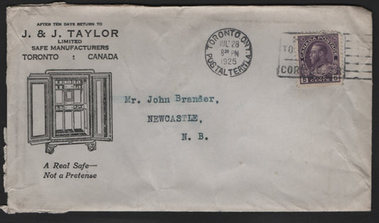 Lot 314 Canada #112c 5c Rosy Lilac Dry Printing Admiral Issue on 1925 Advertising Corner Card Cover For J & J Taylor Safes