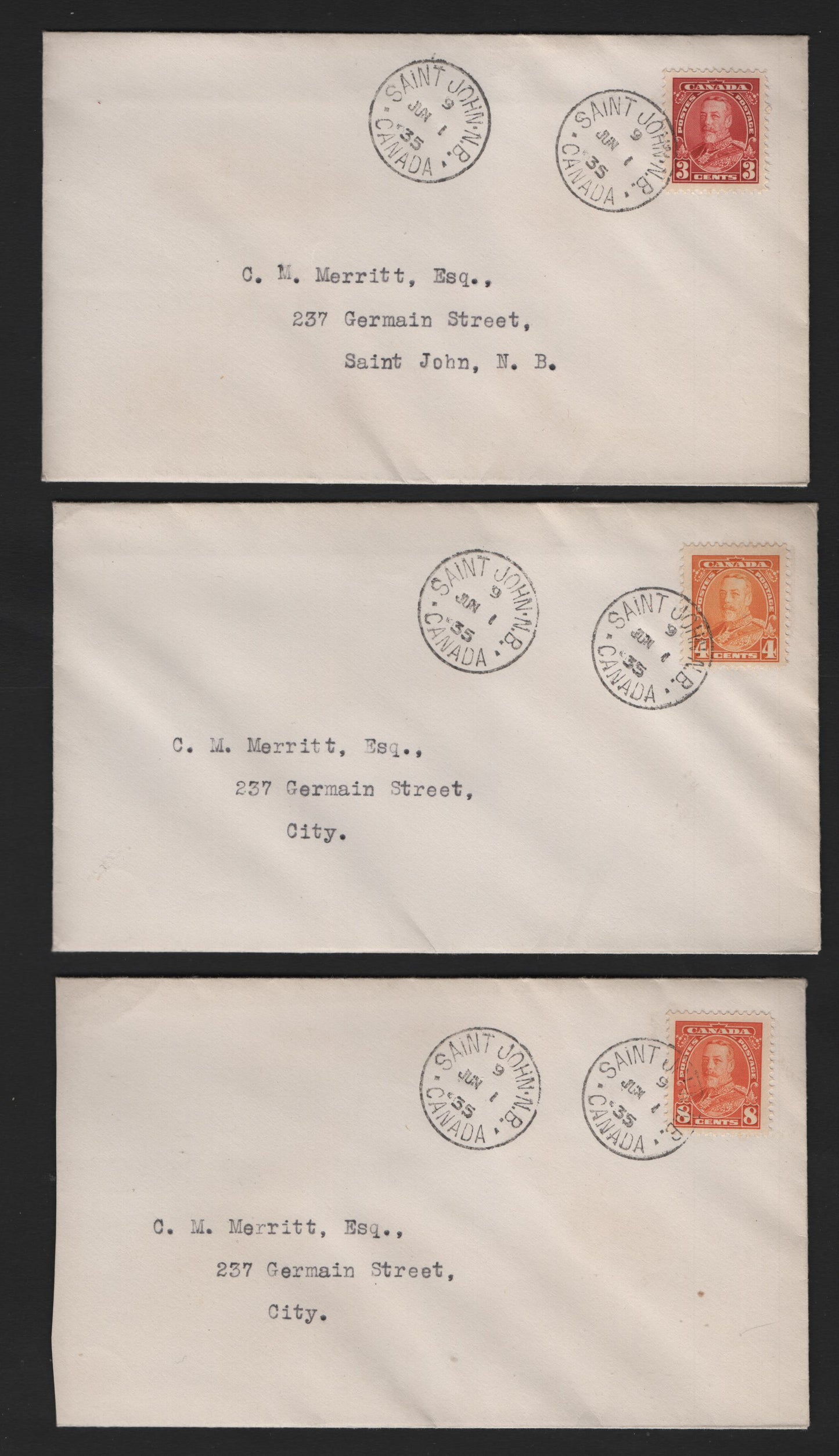 Lot 315 Canada 219, 220, 222 3c Carmine - 8c Red Orange King George V 1935 Dated Die Issue Single Usage Plain First Day Covers