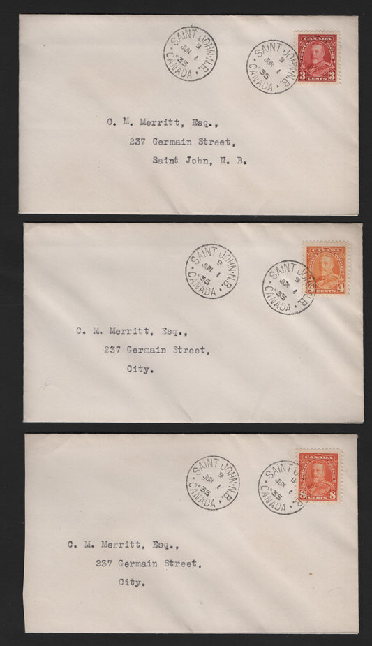 Lot 315 Canada 219, 220, 222 3c Carmine - 8c Red Orange King George V 1935 Dated Die Issue Single Usage Plain First Day Covers