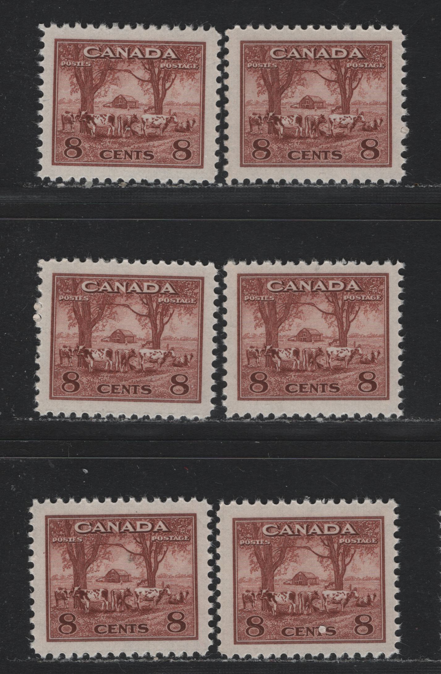 Lot 399 Canada #256 8c Deep Lake Red Farm Scene, 1942 King George VI War Issue, 6 VFNH Singles On Various Papers And With Perfs As Described
