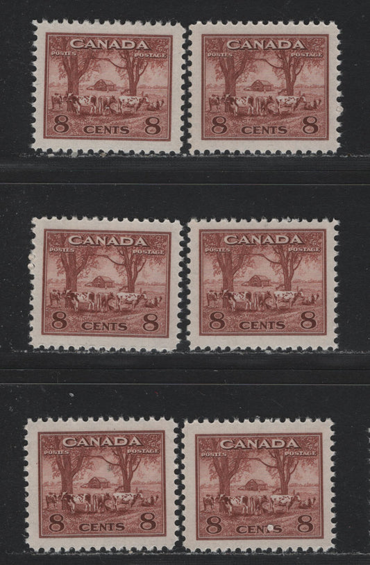 Lot 399 Canada #256 8c Deep Lake Red Farm Scene, 1942 King George VI War Issue, 6 VFNH Singles On Various Papers And With Perfs As Described