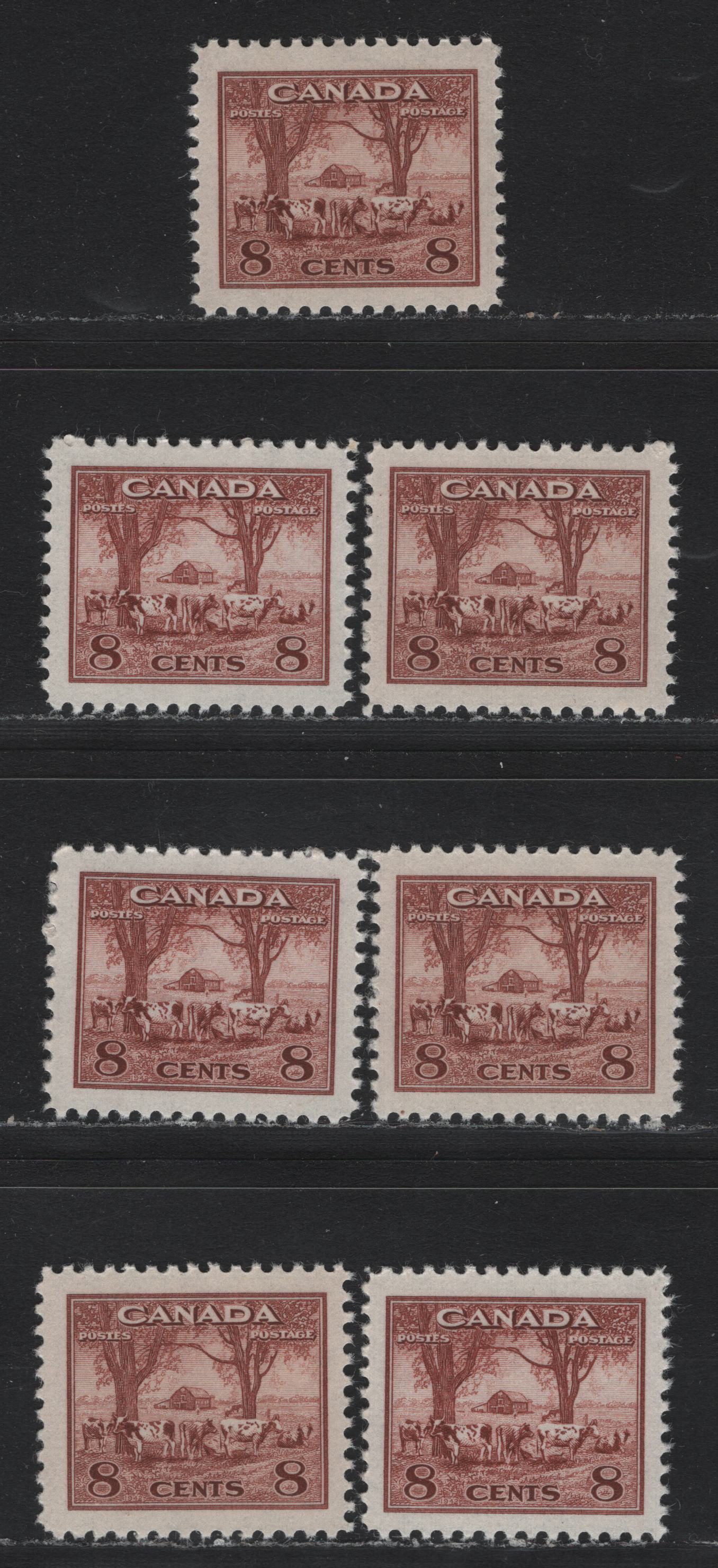 Lot 404 Canada #256 8c Deep Lake Red Farm Scene, 1942 King George VI War Issue, 7 VFNH Singles On CBN-IIII Paper With Different Perfs As Described
