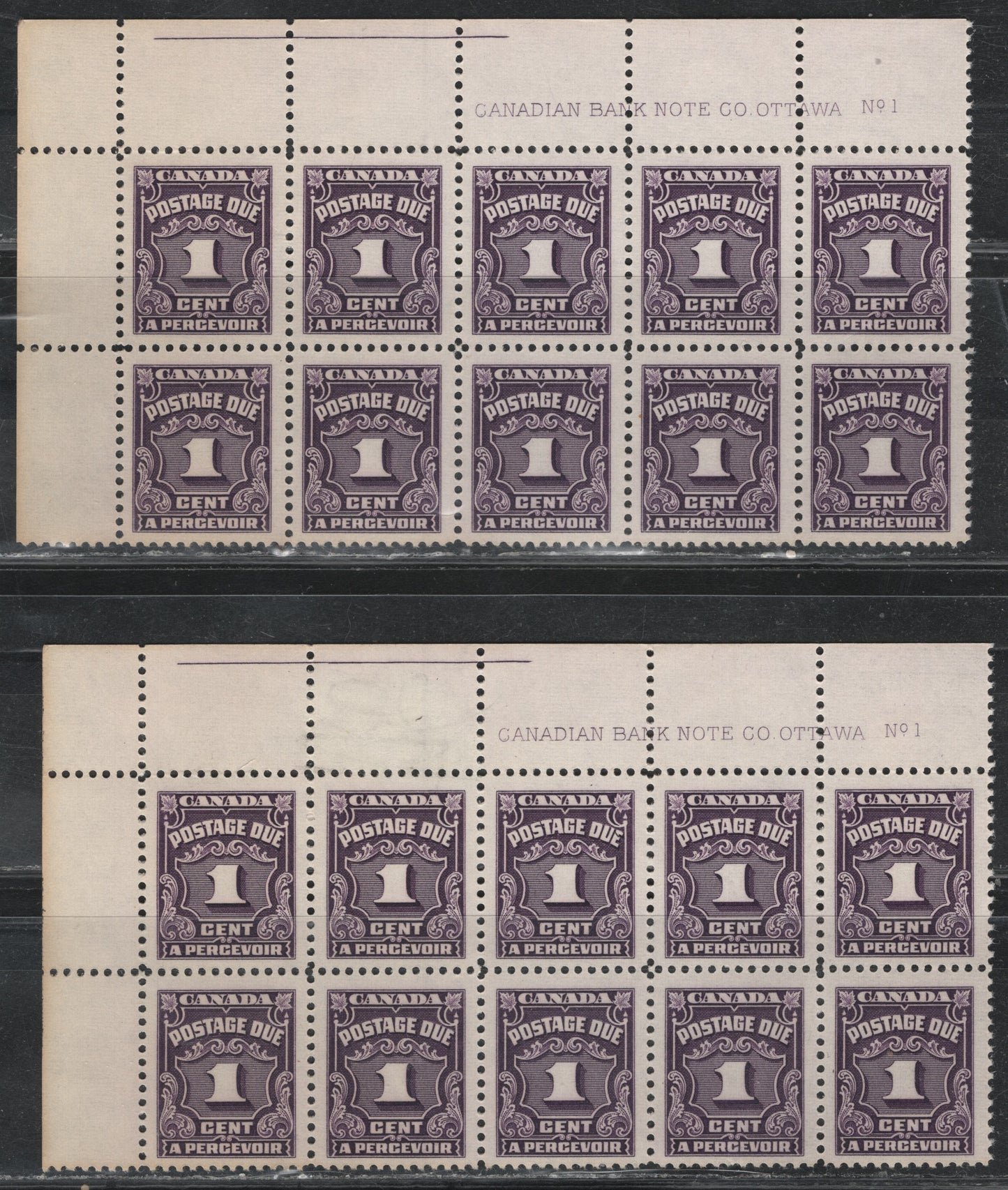 Lot 302 Canada SC#J15 1c Deep Violet Numeral, 1935-1967 Fourth Postage Due Issue, 2 VFNH UL Plate 1 Blocks Of 10