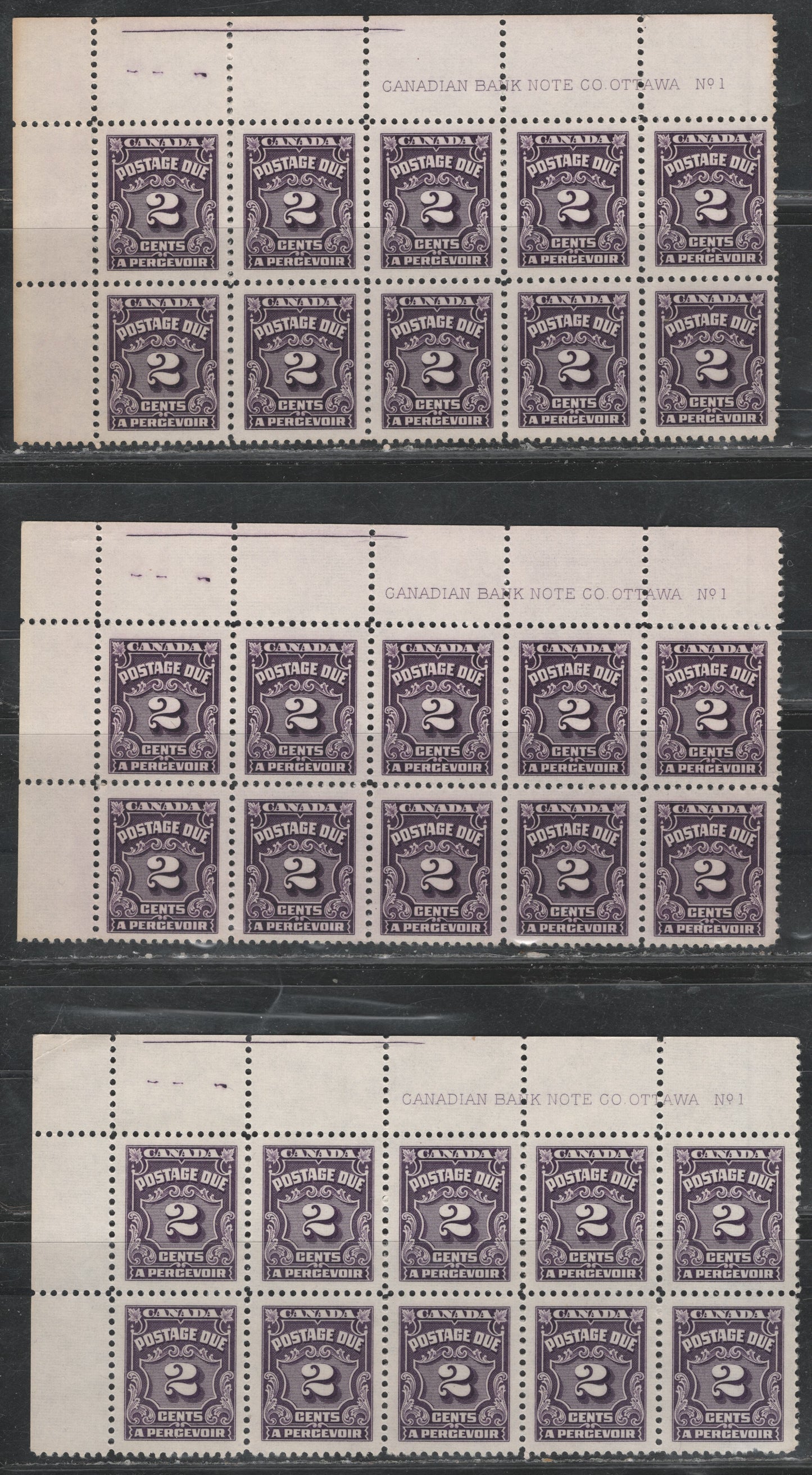 Lot 316 Canada (C) SC#J16 2c Deep Rose Lilac, Violet, & Blackish Violet Numeral, 1935-1967 Fourth Postage Due Issue, 3 VFNH UL Plate 1 Blocks of 10