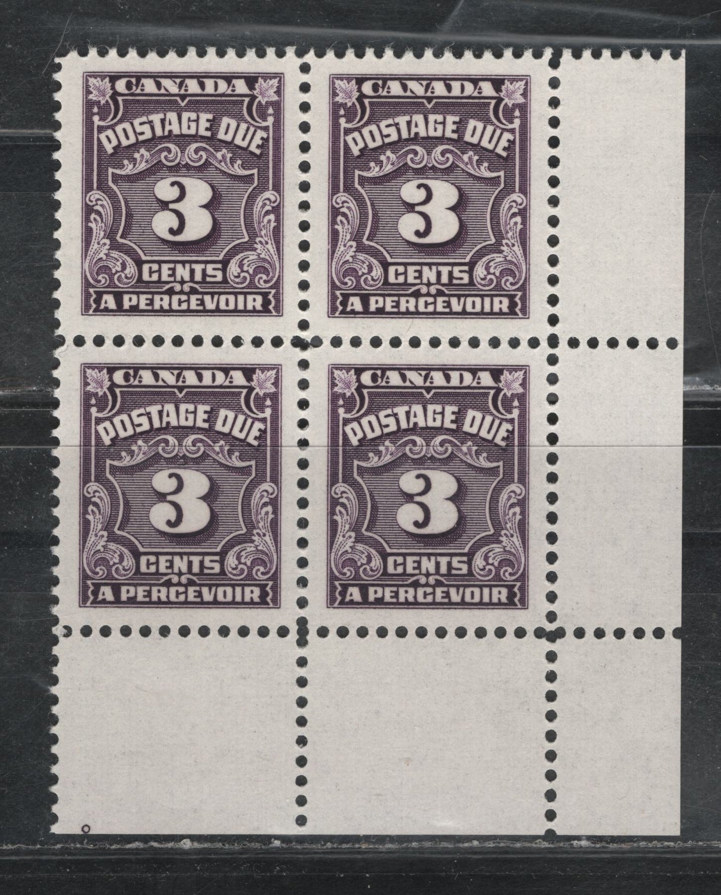 Lot 317 Canada SC#J16B 3c Deep Plum Numeral, 1935-1967 Fourth Postage Due Issue, A VFNH LL Corner Block Of 4