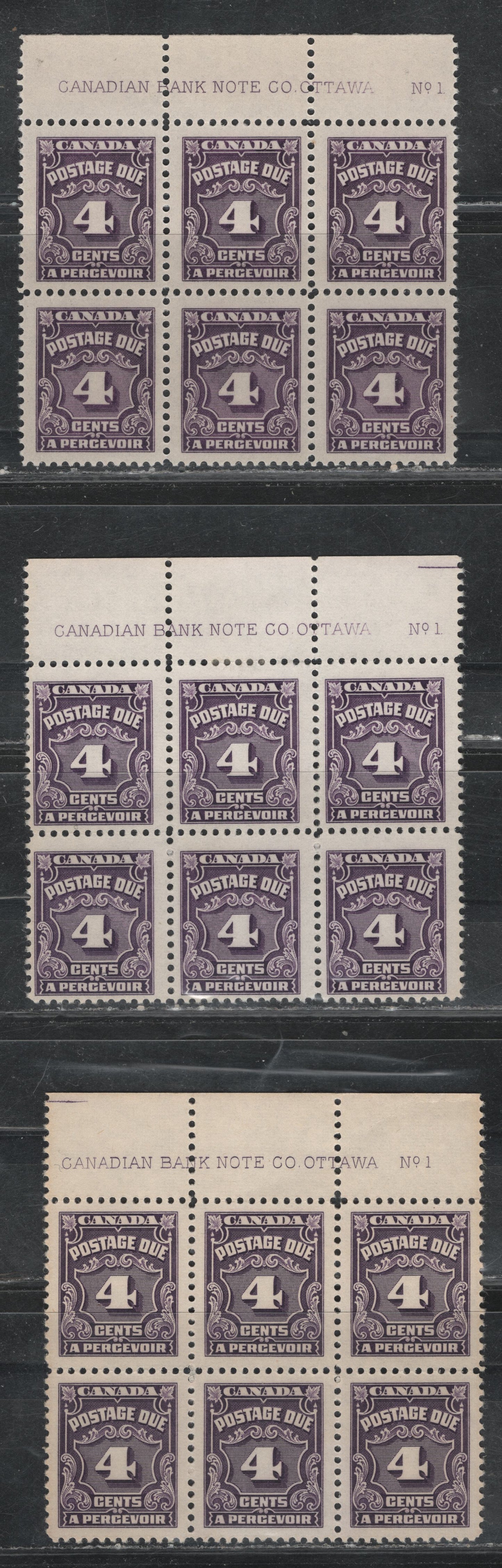 Lot 319 Canada SC#J17 4c Violet & Blackish Violet Numeral, 1935-1967 Fourth Postage Due Issue, 3 Fine OG & VFNH Top Centre Plate 1 Blocks Of 6