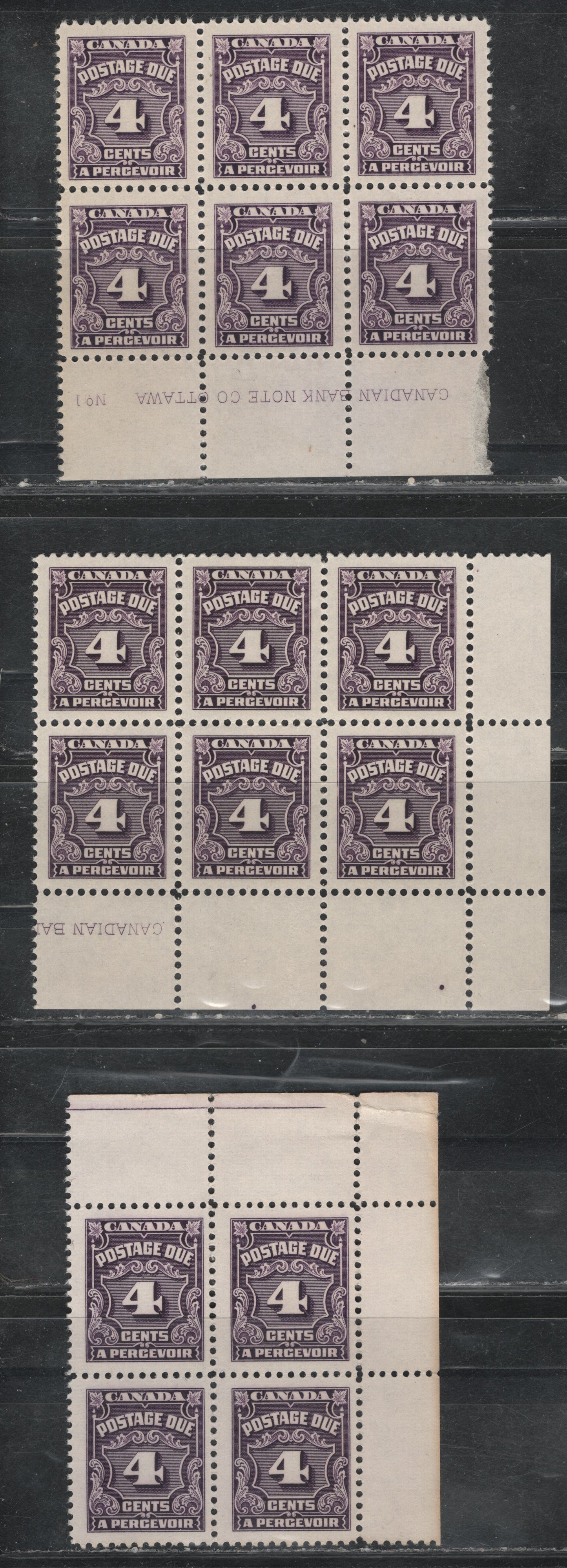 Lot 320 Canada SC#J17 4c Milky Violet, Deep Violet & Blackish Purple Numeral, 1935-1967 Fourth Postage Due Issue, 3 Fine & VFH Bottom Centre Plate 1 Block Of 6, UR Corner Block of 4 & LR Corner Block of 6