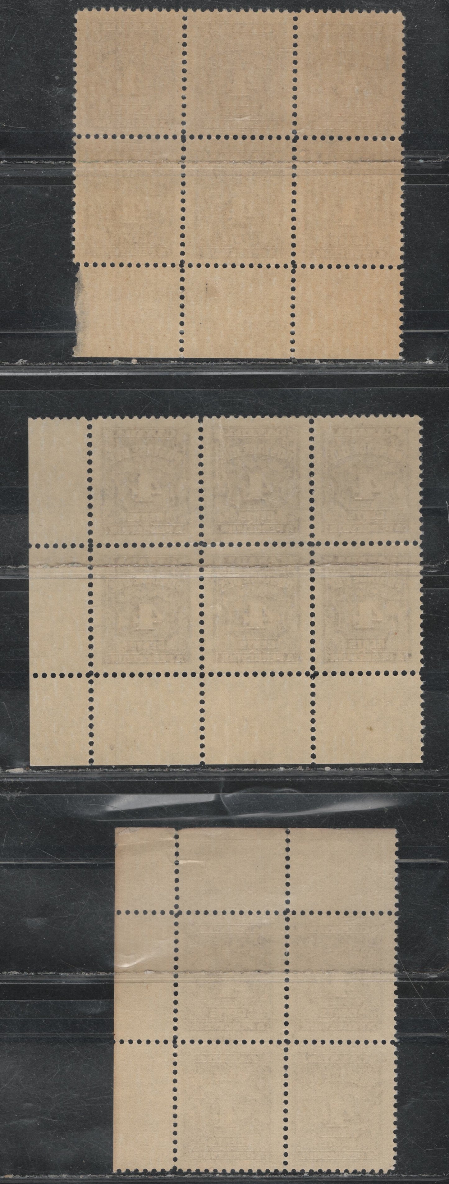 Lot 320 Canada SC#J17 4c Milky Violet, Deep Violet & Blackish Purple Numeral, 1935-1967 Fourth Postage Due Issue, 3 Fine & VFH Bottom Centre Plate 1 Block Of 6, UR Corner Block of 4 & LR Corner Block of 6