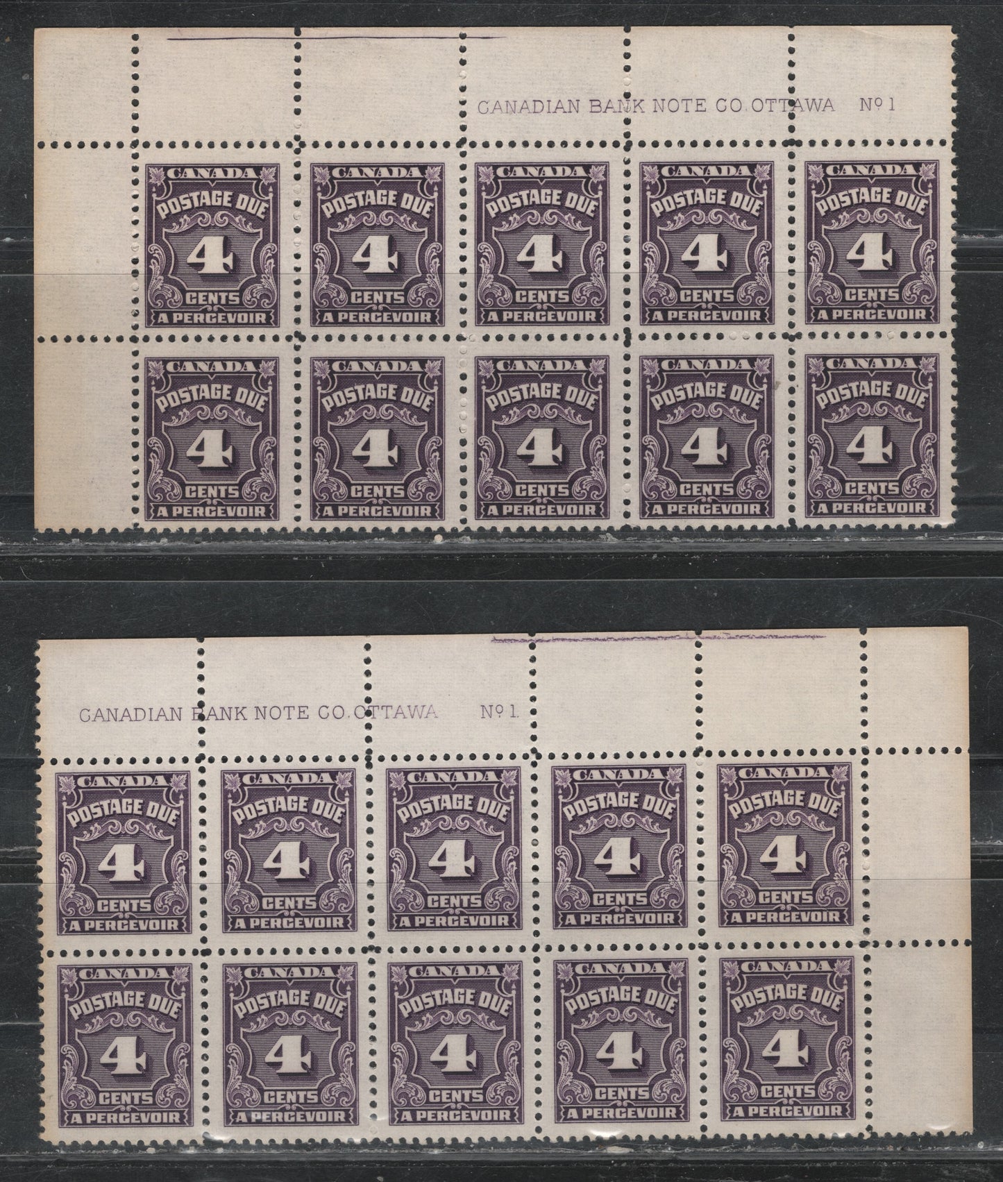 Lot 321 Canada (C) SC#J17 4c Deep Rose Lilac & Blackish Lilac Numeral, 1935-1967 Fourth Postage Due Issue, 2 VFNH UL & UR Plate 1 Blocks of 10