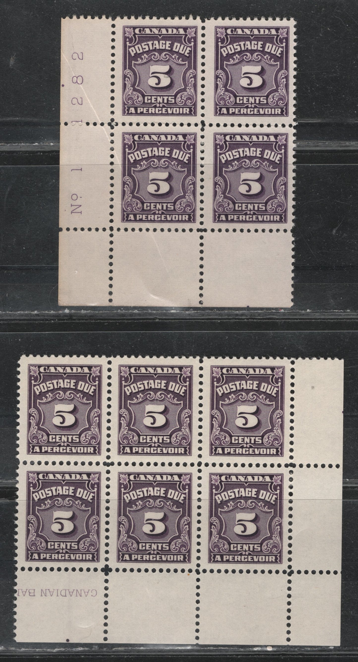 Lot 323 Canada (C) SC#J18 5c Rosy Violet & Plum Numeral, 1935-1967 Fourth Postage Due Issue, 2 VGNH & VFNH LL Plate 1 Block Of 4 & LR Corner Block of 6