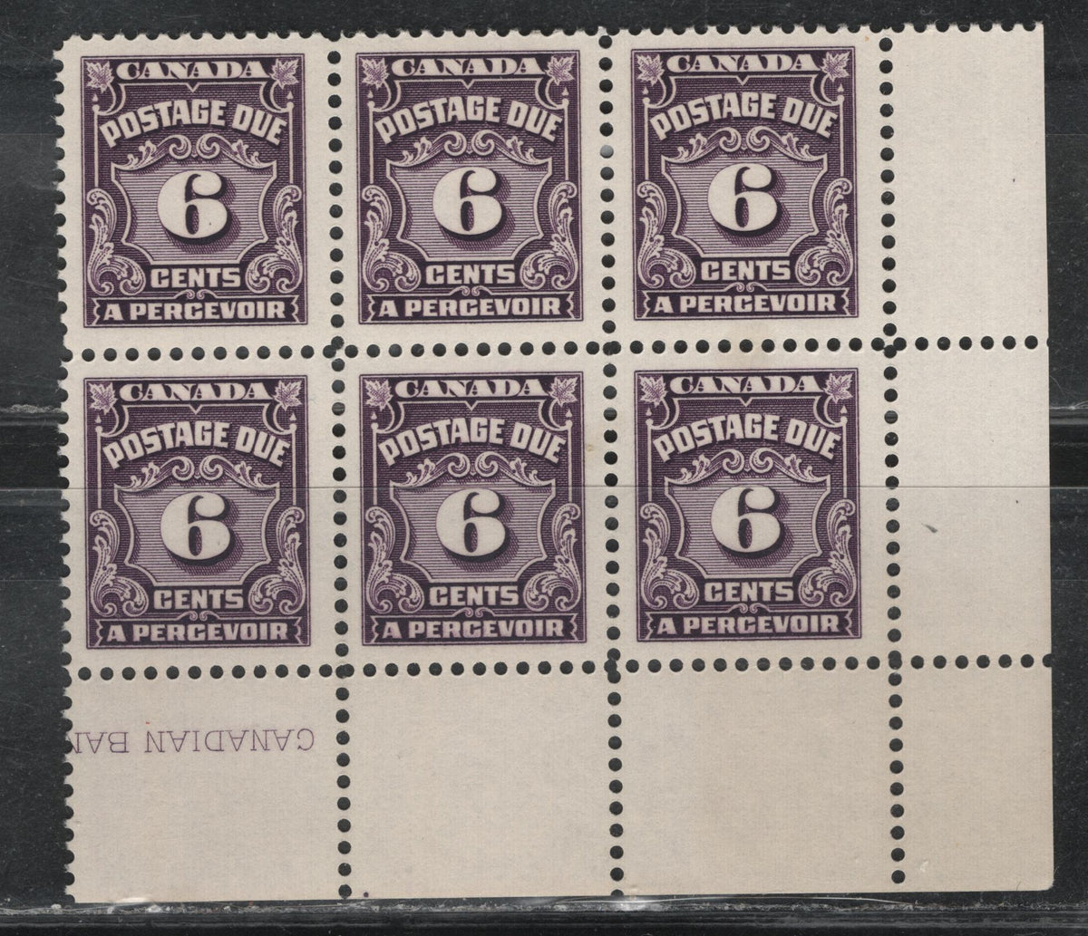Lot 325 Canada (C) SC#J19 6c Deep Reddish Lilac Numeral, 1935-1967 Fourth Postage Due Issue, A VFNH LR Partial Corner Inscription Block Of 6