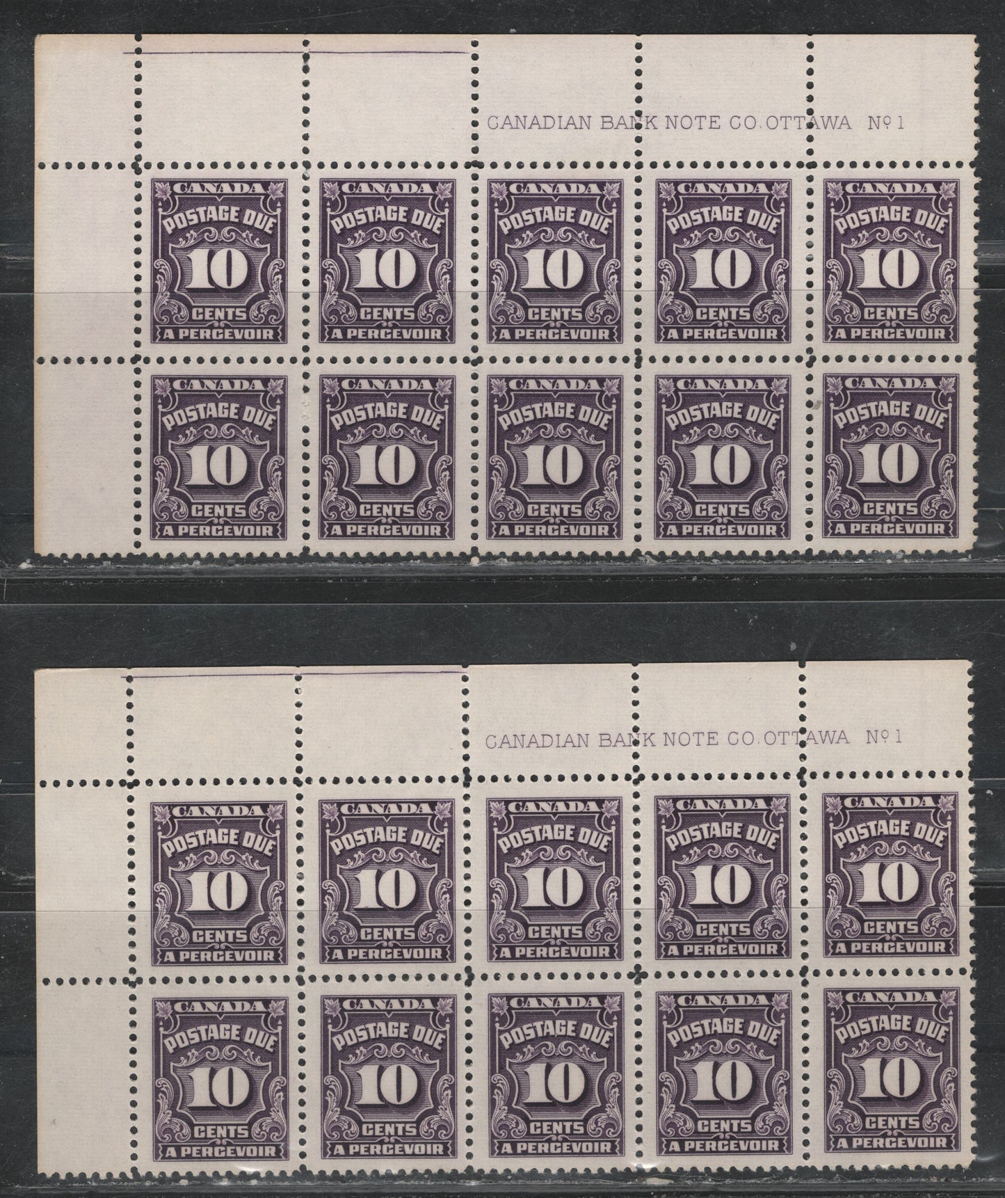Lot 326 Canada (C) SC#J20 10c Very Deep Rose Lilac & Blackish Lilac Numeral, 1935-1967 Fourth Postage Due Issue, 2 VFNH UL Plate 1 Blocks Of 10