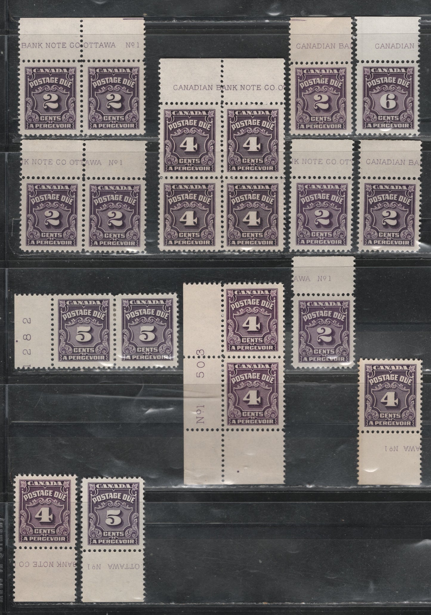 Lot 328 Canada SC#J16, J17, J17b, J18, J19 2c-6c Violet, Milky Violet, Deep Violet, Reddish Violet Numeral, 1935-1967 Fourth Postage Due Issue, A VFNH Upper Plate Block of 4, 4 Plate Pairs & 8 Plate Singles