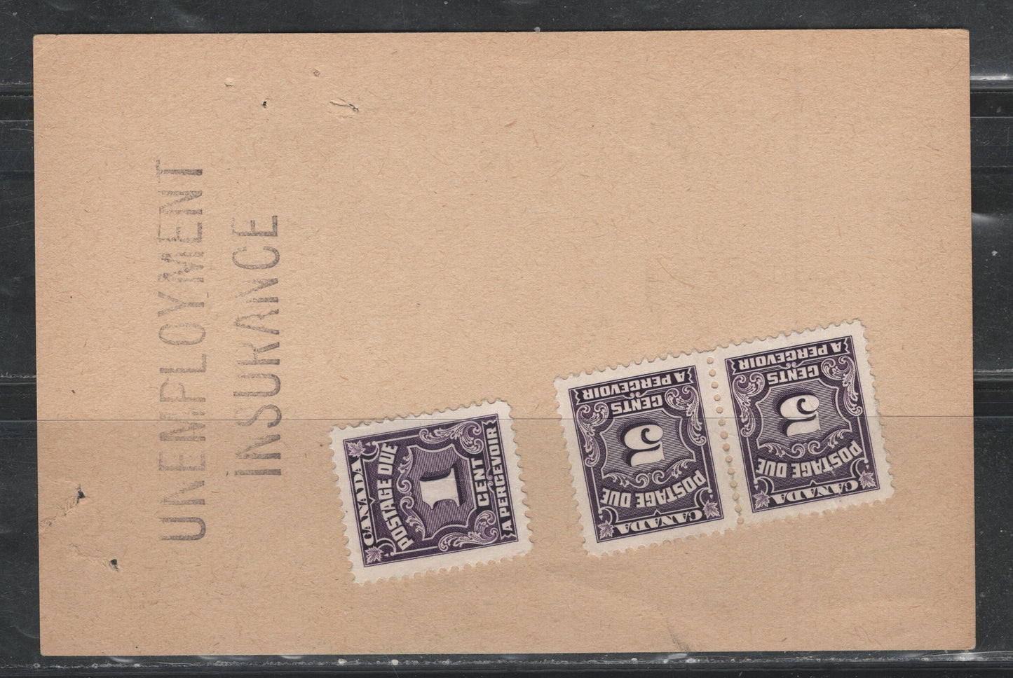Lot 329 Canada SC#J15, J18 1c, 5c Violet Numeral, 1935-1967 Fourth Postage Due Issue, A VF Page From Unemployment Insurance Booklet