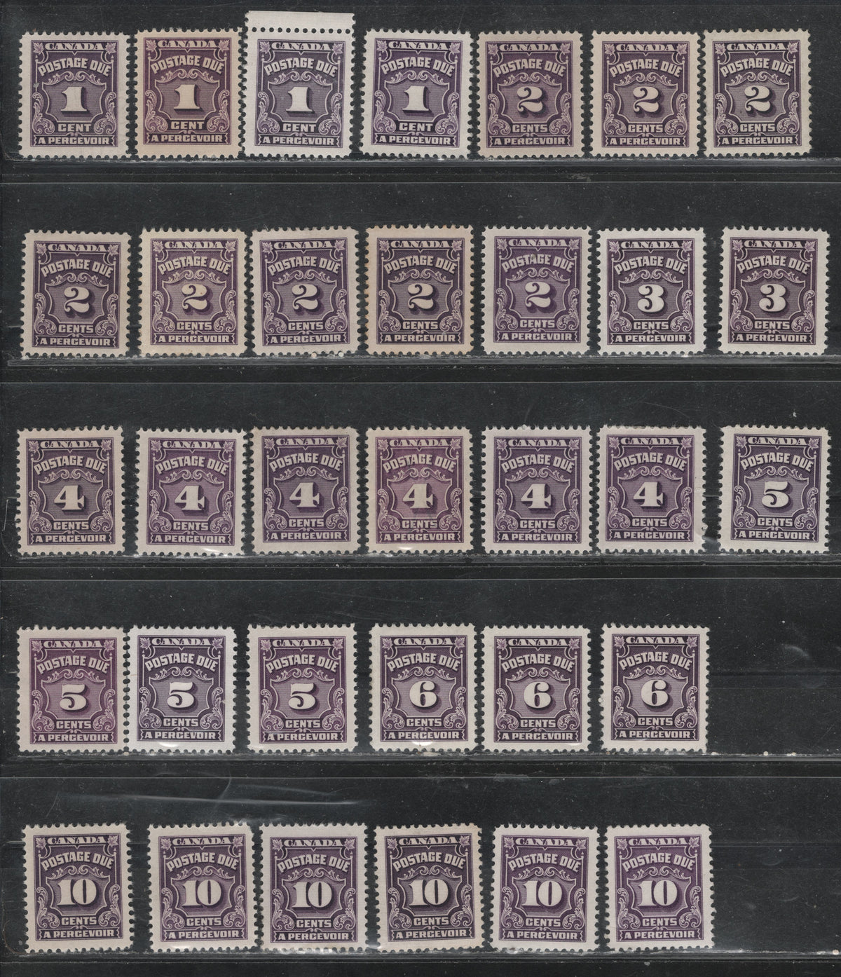 Lot 335 Canada SC#J15/J20b 1c-10c Reddish Violet, Violet, Deep Rose Lilac Shades, 33 VFOG Singles On A Variety of DF Papers, Varying In Fluorescence From 1-2, Unchecked As To Exact Perfs, All Different From The Stamps in Other Lots