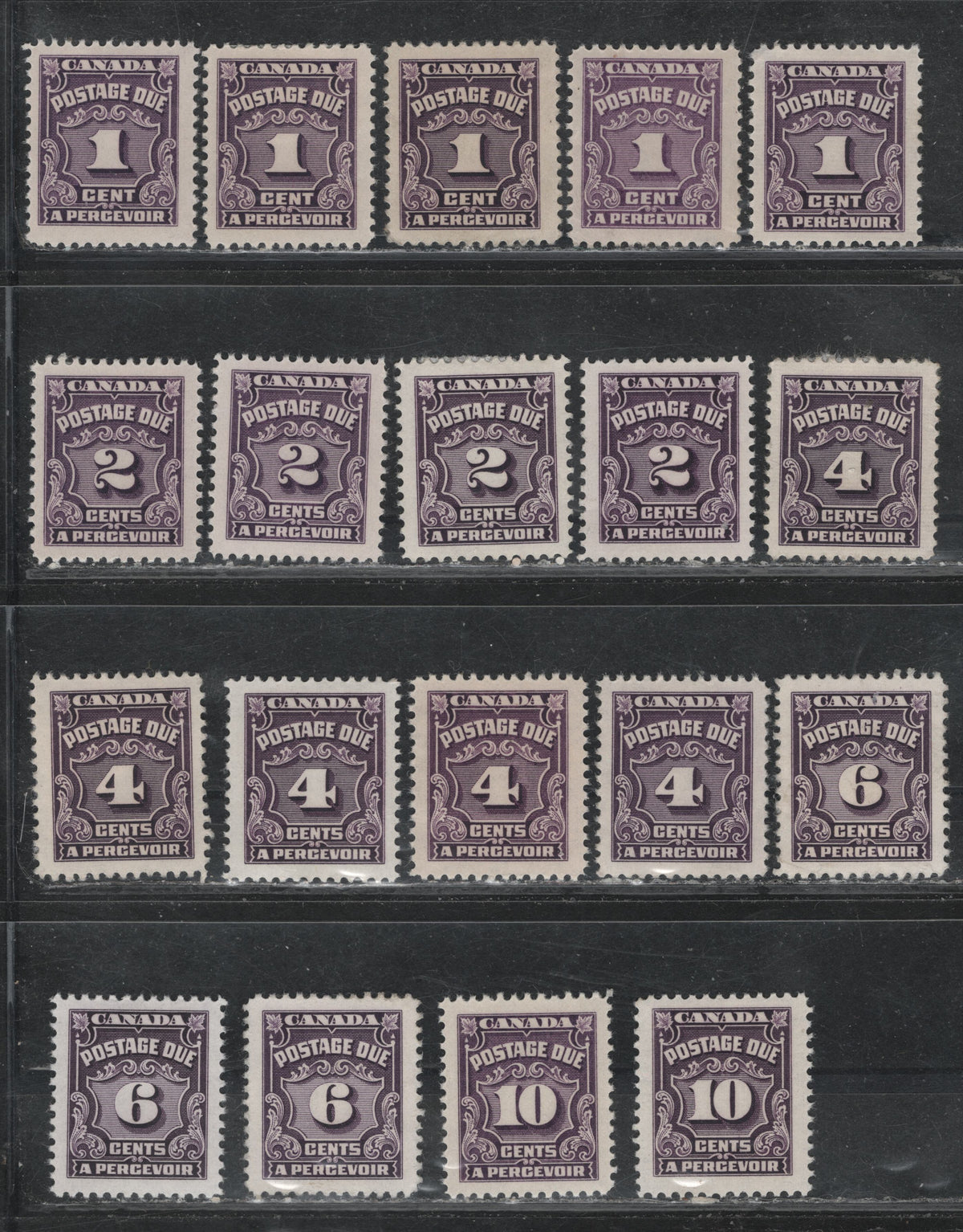Lot 336 Canada SC#J15/J17b 1c, 2c, 4c, 6c, 10c Red Violet, Violet, Deep Reddish Lilac Shades, 19 VFOG Singles On A Variety of DF Papers, Varying In Fluorescence From 1-2,  All Different From The Stamps in Other Lots, High Proportion Of Pre-1952 Printings