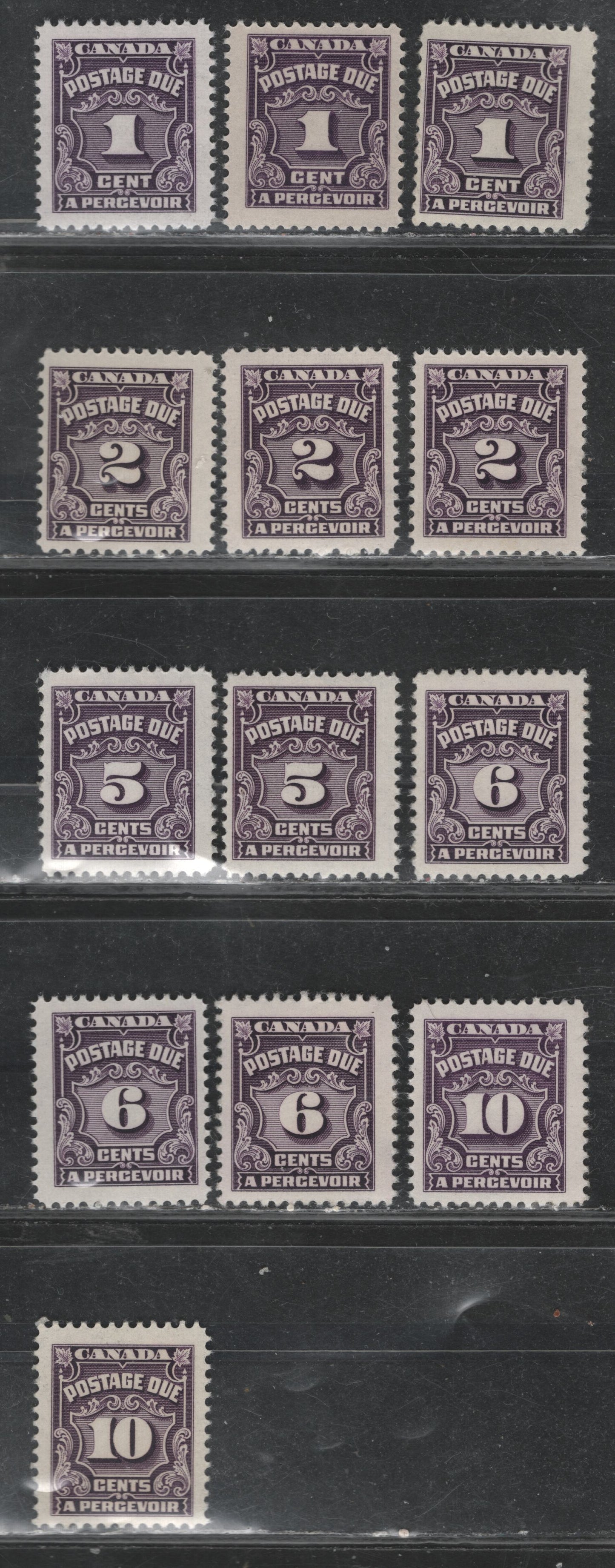 Lot 339 Canada SC#J15/J20 1c-2c, 5c-10c Violet, Deep Rose Lilac & Blackish Lilac 13 Fine OG Singles On A Variety of DF Papers, Varying In Fluorescence From 1-2, Unchecked As To Exact Perfs, All Different From The Stamps in Other Lots