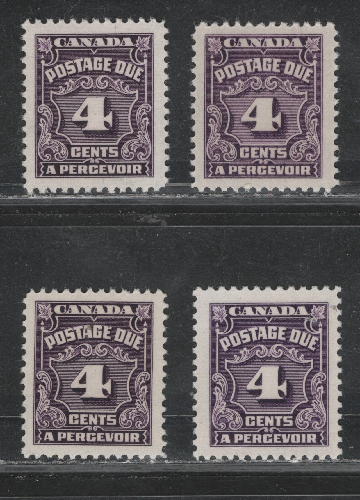 Lot 351 Canada #J17var, J17bvar 4c Reddish Violet - Deep Rose Lilac , 1935-1965 4th Postage Due Issue, 4 VFNH Singles, Scarcer LF (CBN-TTTT, CBNE-A, CBNE-K & CBNE-H) Papers, Much Scarcer Compared To DF Papers