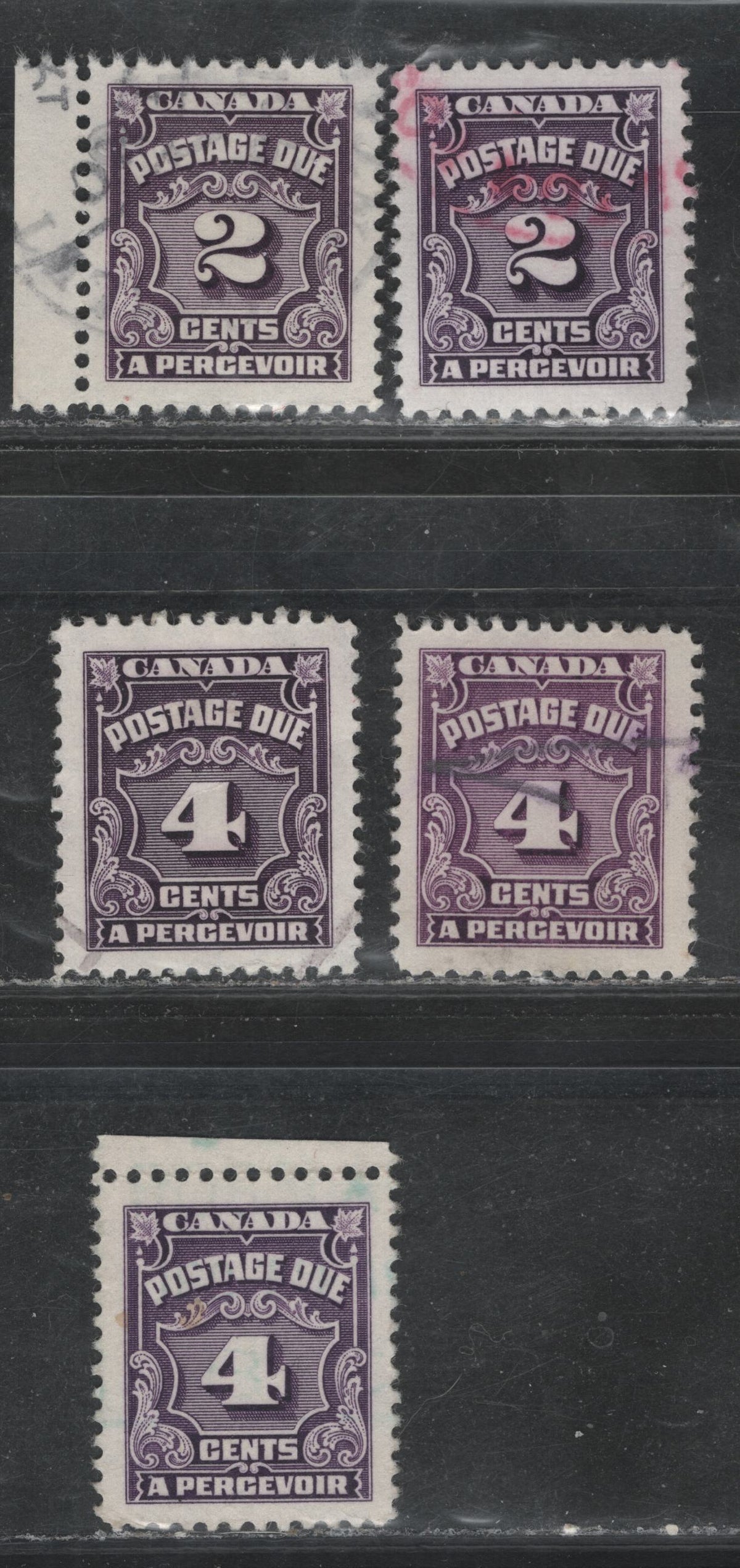 Lot 356 Canada #J16, J17, J17b 2c - 4c Violet - Deep Violet , 1935-1965 4th Postage Due Issue, 5 Very Fine Used Singles, Scarcer LF Papers, Unchecked As To Specific Types & Perfs, But All Are Different.