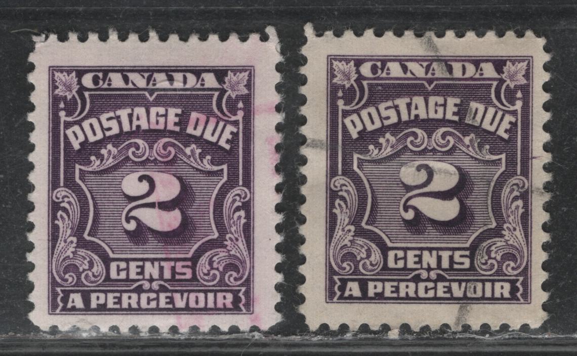Lot 359 Canada #J16var 2c Violet - Deep Rose Lilac , 1935-1965 4th Postage Due Issue, 2 Fine Used Singles, Unlisted Plate Flaws, Both On DF Paper, Unchecked As To Perf
