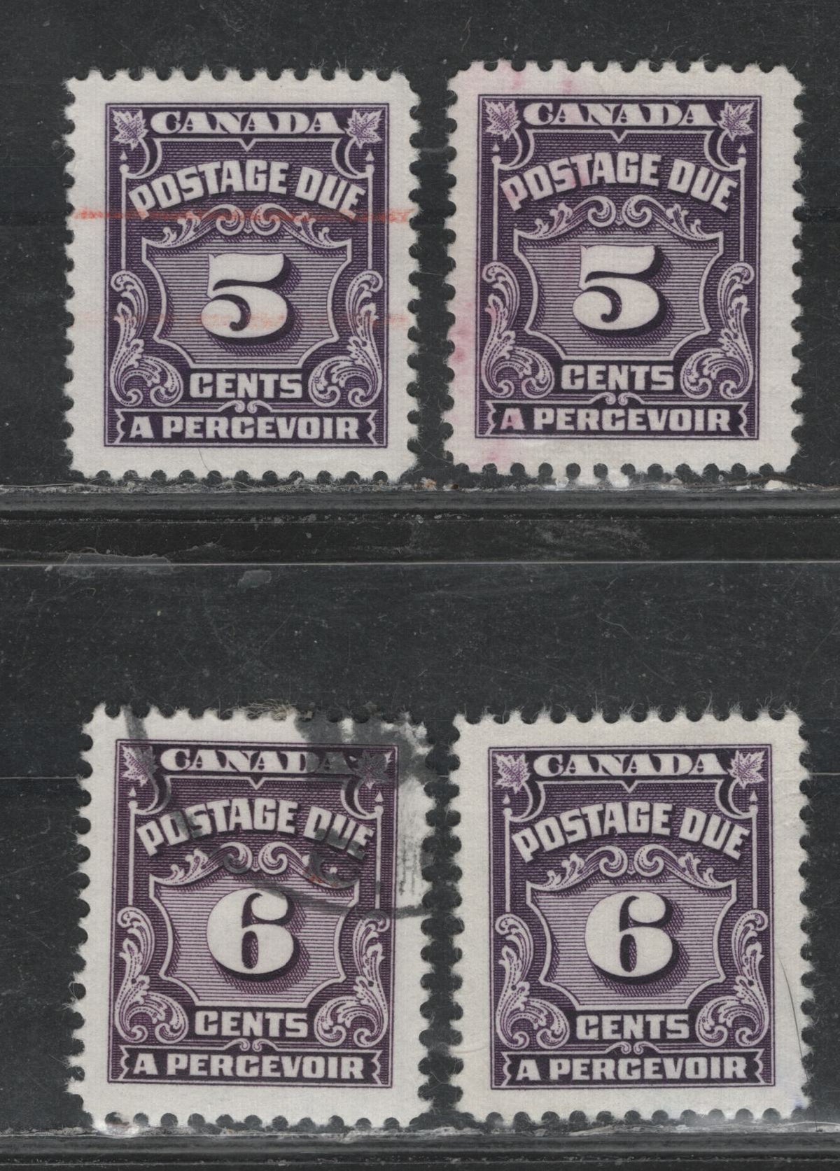 Lot 363 Canada SC#J18var & J19var 5c & 6c Violet & Deep Rose Lilac Numeral, 1935-1967 Fourth Postage Due Issue, 4 VF Used Singles On Scarcer Unlisted LF Papers (CBNE-A, CBNE-H and CBNE-O)