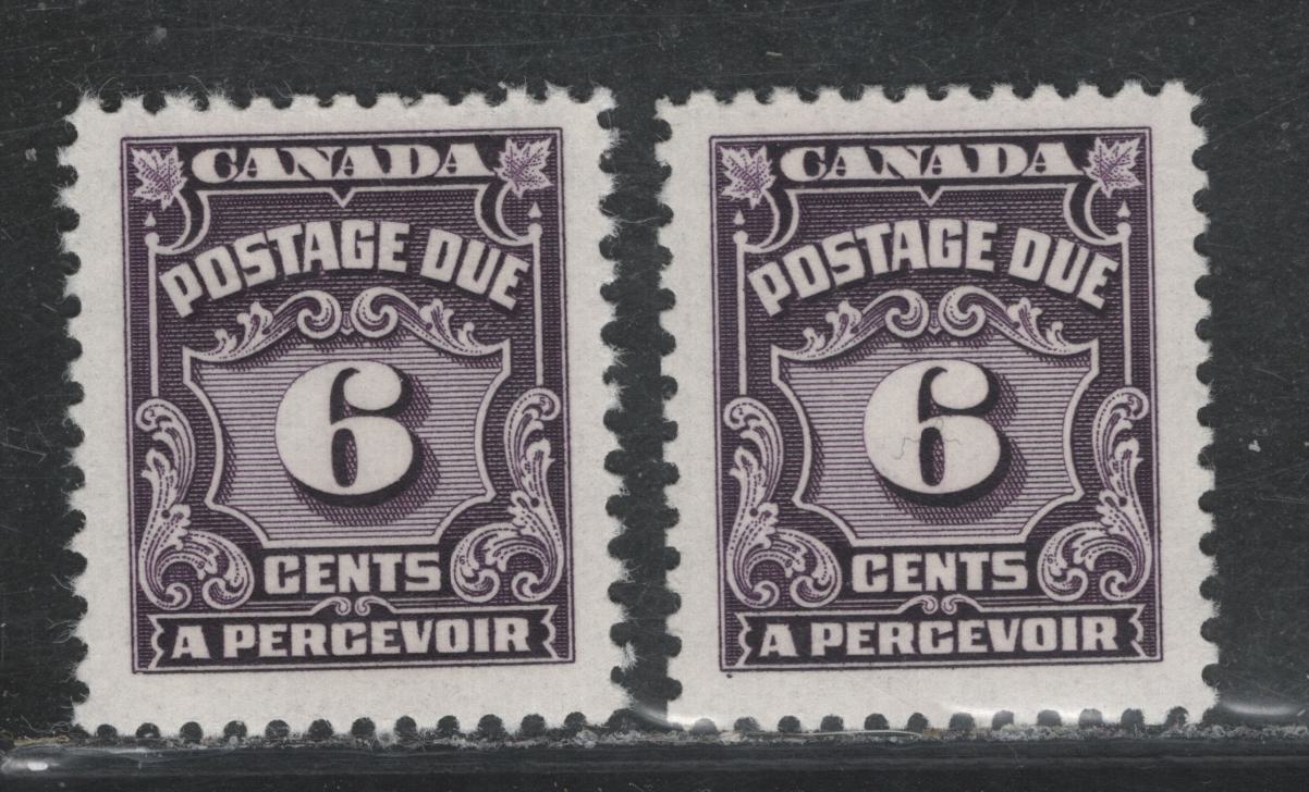 Lot 364 Canada SC#J19var 6c Blackish Rose Lilac Numeral, 1935-1967 Fourth Postage Due Issue, 2 VFNH Singles On Scarcer Unlisted LF Papers (CBNE-Q, and CBNE-G), Perf. 11.9 and 12.1 x 11.95