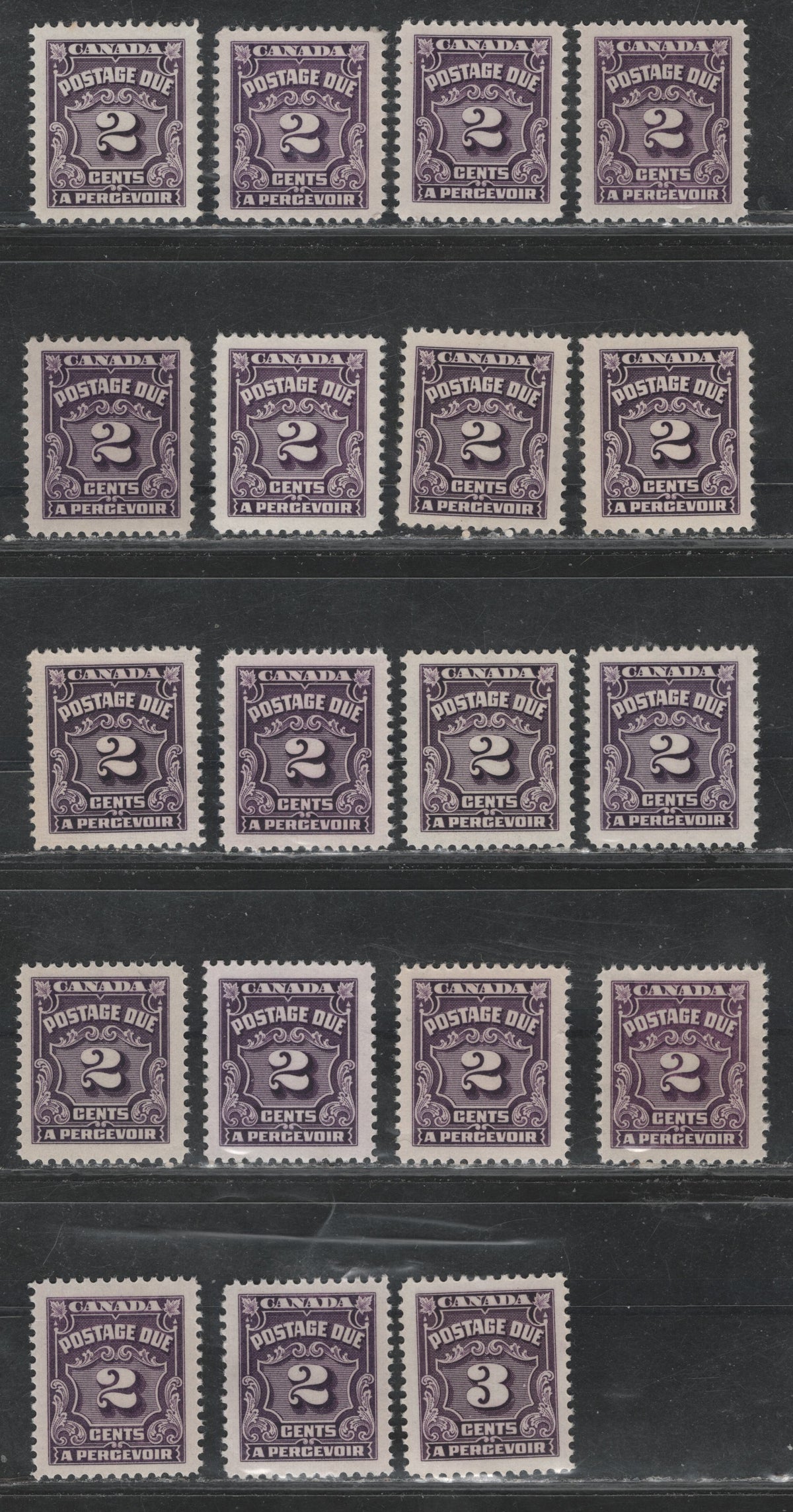 Lot 367 Canada SC#J16/J16B 2c-3c Deep Rose Lilac & Violet Shades 19 VFNH Singles On A Variety of DF Papers, Varying In Fluorescence From 1-2,  All Different From The 2c Stamps in Other Lots