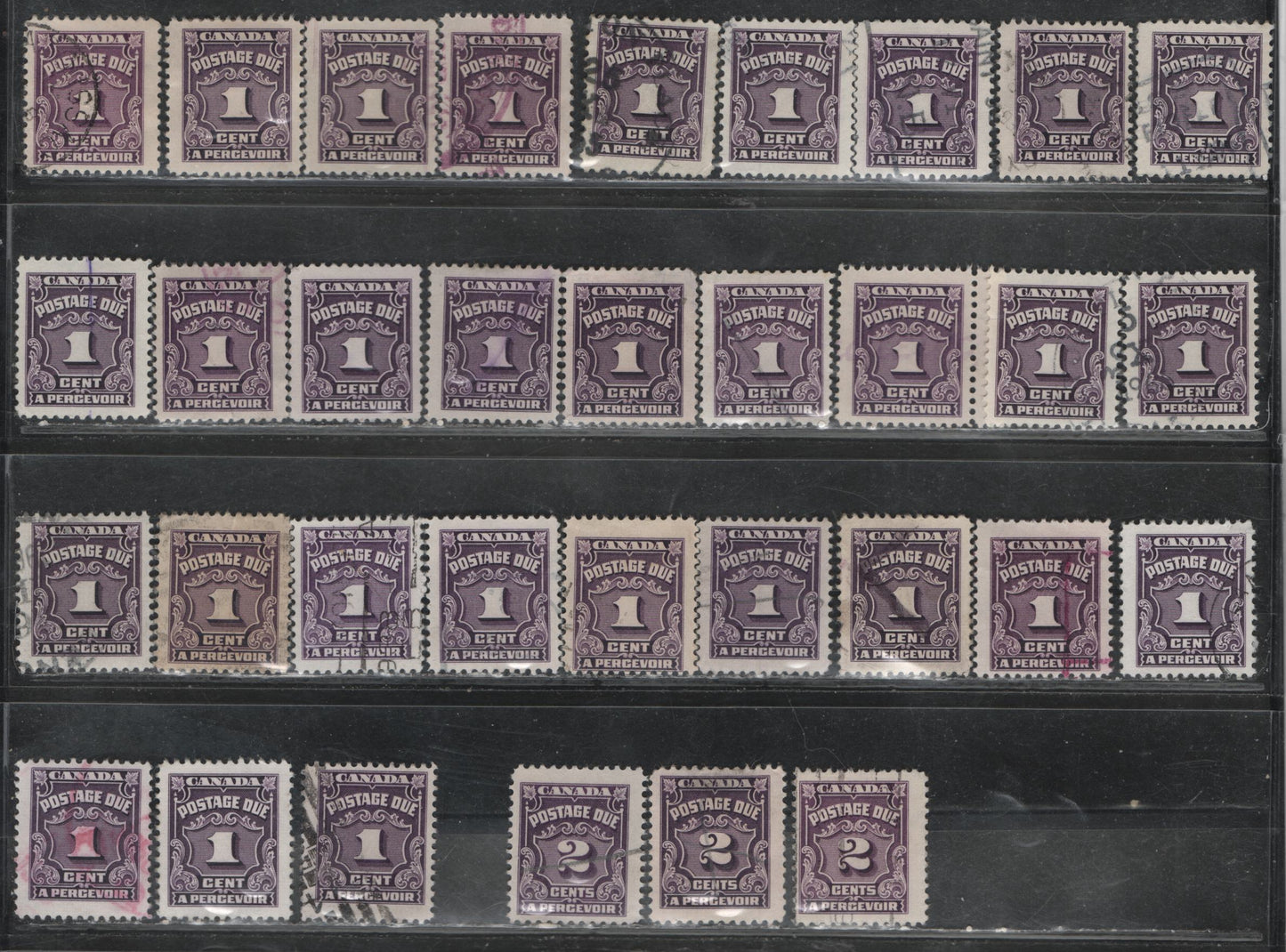 Lot 369 Canada SC#J15/J16c 1c-2c Violet Shades, Deep Rose Lilac 68 Fine Used Singles Showing the FULL Range Of Shades & Paper Types On Which These Stamps Were Printed, Including Red Violet Shades & The Scarce CBN-VVVVVVV Toned Paper On The 1c