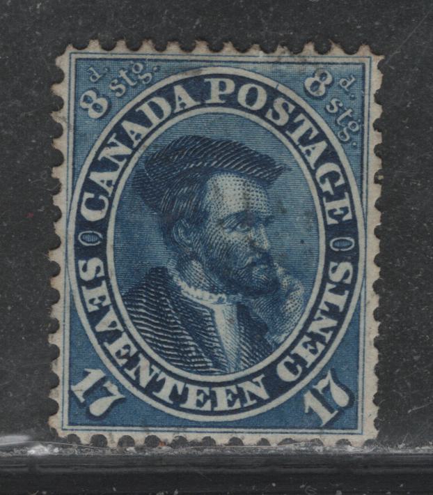 Lot 379 Canada (C) #19 17c Dark Blue , 1859-1864 First Cents Issue, A Very Fine Used Single, Cents-JJJ Paper, Perf 12.1x12, Lightest Possible Cancel, Plate Dot About 0.5mm To The Left Of Medallion & Vertical Line In outer Medallion Between OS of Postage.