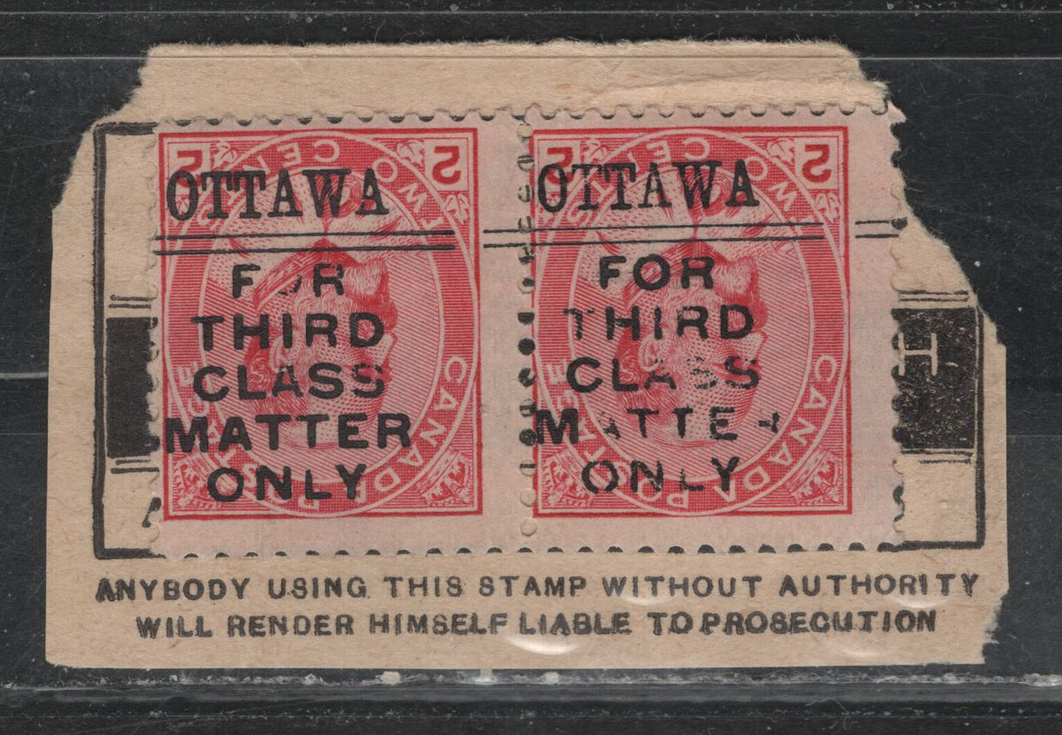 Lot 384 Canada (C) #2-90i-I 2c Carmine Rose , 1903-1908 King Edward VII Issue, A Fine Used Pair On Piece, Ottawa Style 2 Precancel, Showing Inverted Precancel, Extensive Broken Lettering On The Right Stamp Affixed to A Postage Paid In Cash Label.
